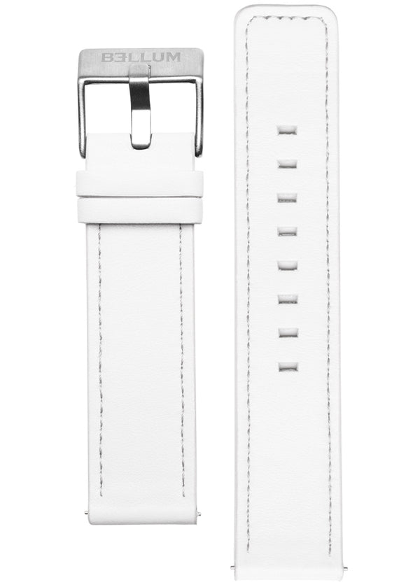 Correa intercambiable para reloj fabricada con cuero genuino blanco y hebilla de acero inoxidable 316L con logotipo BELLUM grabado.
