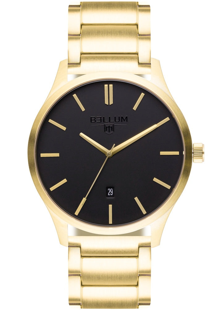 Reloj para hombre marca Bellum, color oro amarillo 14k en acabado cepillado con dial negro mate y correa de acero inoxidable macizo con PVD oro amarillo 14k. Vista frontal.