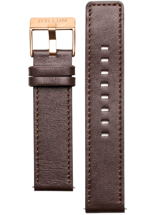 Correa intercambiable para reloj fabricada con cuero genuino color marrón y hebilla de acero inoxidable 316L con PVD oro rosa y logotipo BELLUM grabado.
