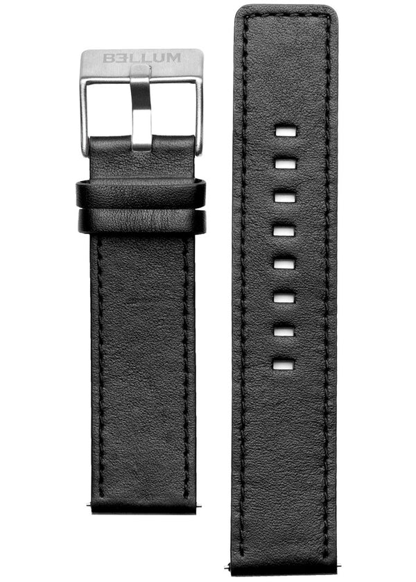 Correa intercambiable para reloj fabricada con cuero genuino color negro y hebilla de acero inoxidable 316L con logotipo BELLUM grabado.