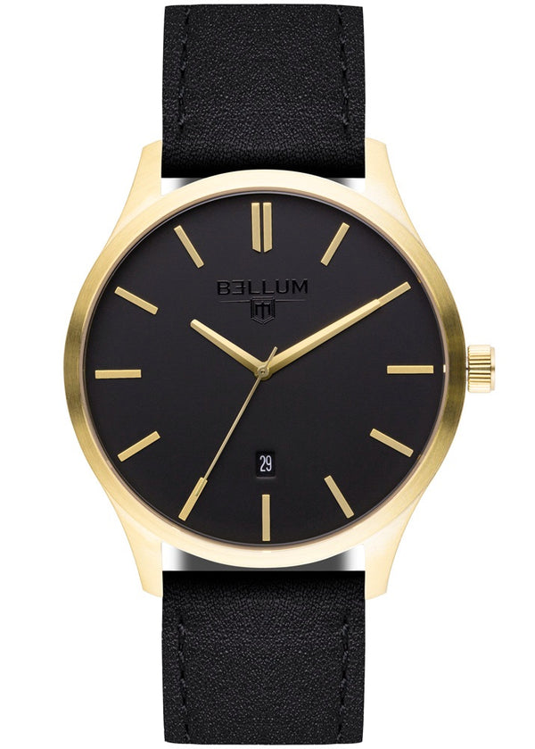 Reloj para hombre marca Bellum, color oro amarillo 14k en acabado cepillado con dial negro mate y correa de cuero negro. Vista frontal.