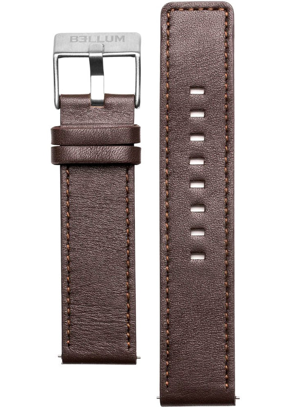 Correa intercambiable para reloj fabricada con cuero genuino color marrón y hebilla de acero inoxidable 316L con logotipo BELLUM grabado.
