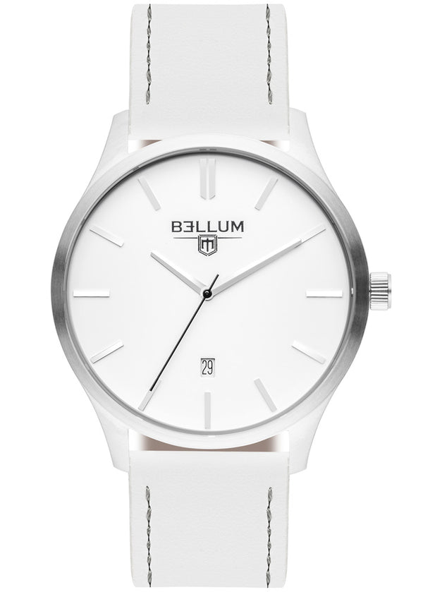 Reloj para hombre marca Bellum, color plata con dial blanco y correa de cuero blanco. Vista frontal.