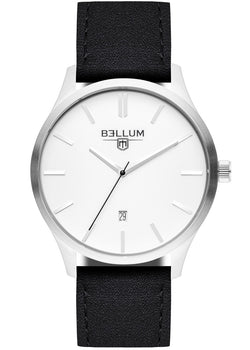 Reloj para hombre marca Bellum, color plata con dial blanco y correa de cuero negra. Vista frontal.
