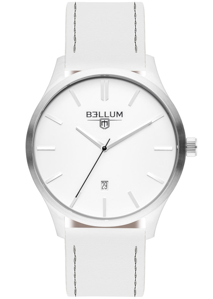Reloj para hombre marca Bellum, color plata con dial blanco y correa de cuero blanco. Vista frontal.