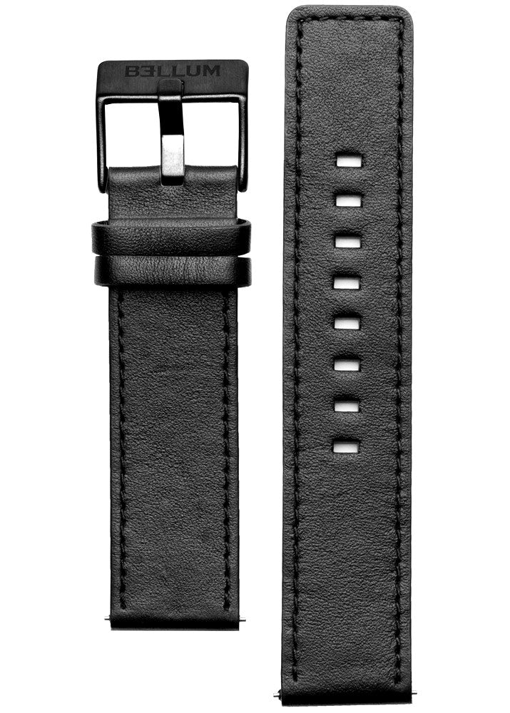 Correa intercambiable para reloj fabricada con cuero genuino color negro y hebilla de acero inoxidable 316L con PVD negro y logotipo BELLUM grabado.