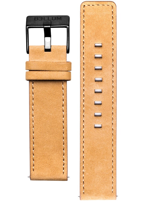 Correa intercambiable para reloj fabricada con cuero genuino color camel y hebilla de acero inoxidable 316L con PVD negro y logotipo BELLUM grabado.