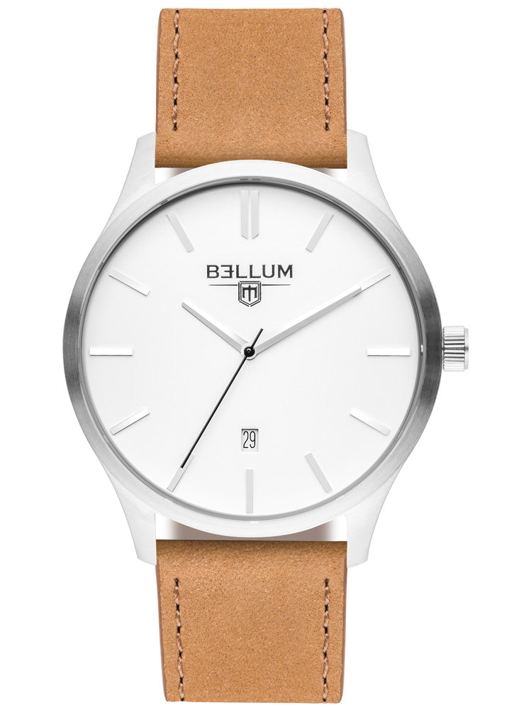 Reloj para hombre marca Bellum, color plata con dial blanco y correa de cuero camel. Vista frontal.