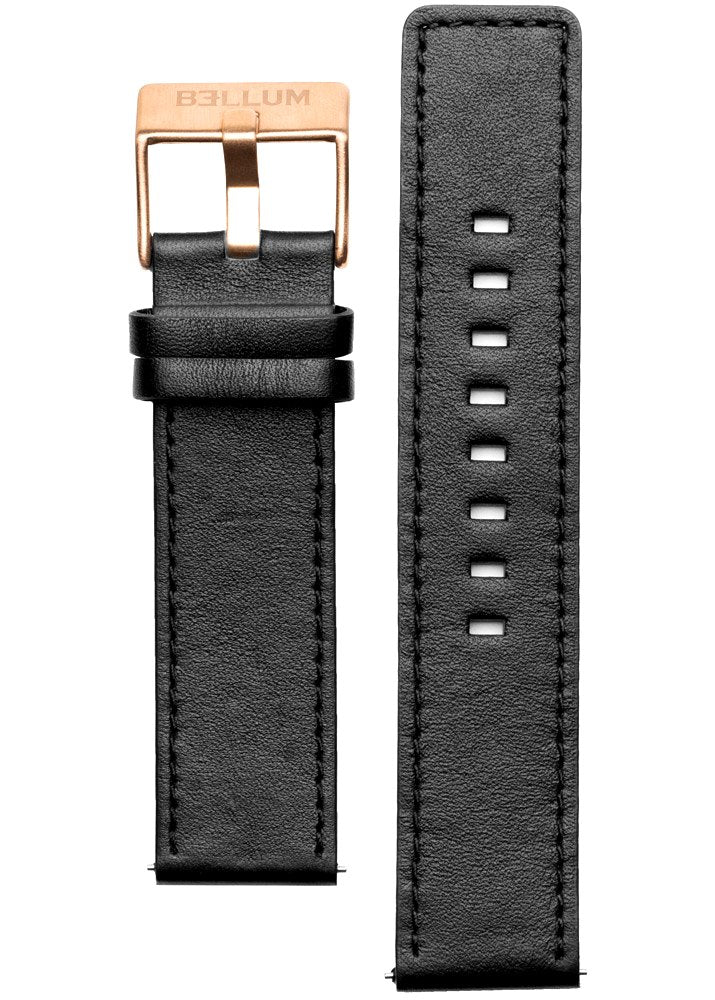 Correa intercambiable para reloj fabricada con cuero genuino color negro y hebilla de acero inoxidable 316L con PVD oro rosa y logotipo BELLUM grabado.