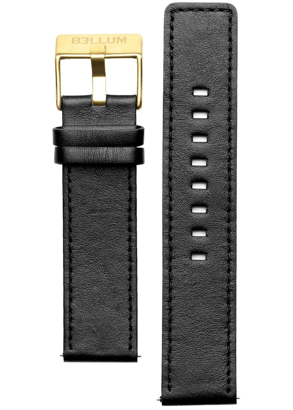 Correa intercambiable para reloj fabricada con cuero genuino color negro y hebilla de acero inoxidable 316L con PVD oro amarillo 14k y logotipo BELLUM grabado.