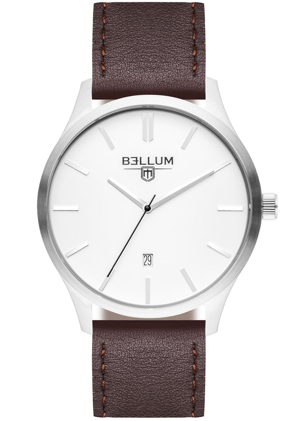 Reloj para hombre marca Bellum, color plata con dial blanco y correa de cuero marrón. Vista frontal.